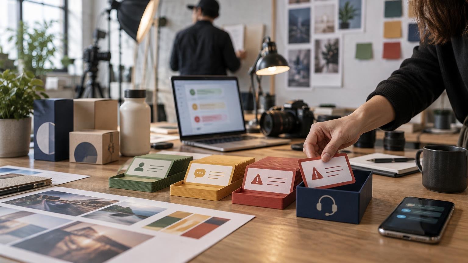 Creative studio desk with color-coded response cards, a laptop showing blurred message threads, camera equipment, packaging boxes, printed photos, and a person selecting a red alert card.