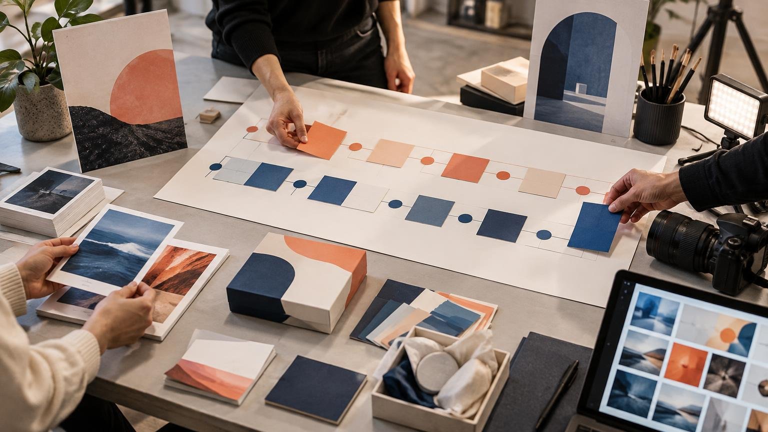 Overhead view of a creative team arranging colored cards along a large paper timeline on a studio table, surrounded by packaging mockups, printed image samples, art boards, a camera, lighting panel, and a tablet showing a grid of images.