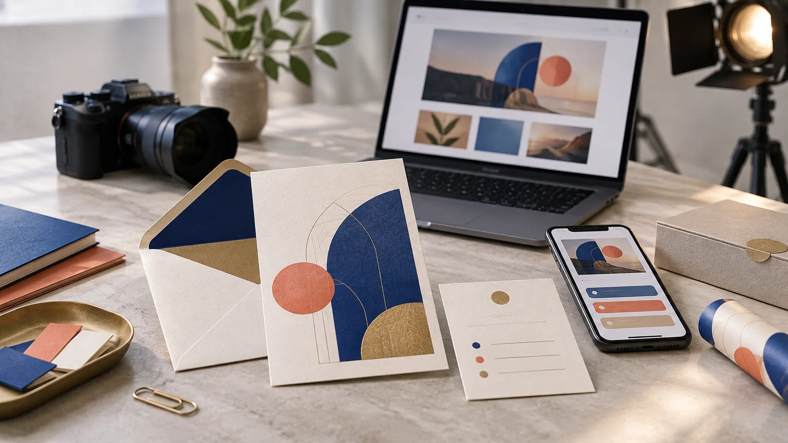 Creative studio tabletop with coordinated abstract printed invitation pieces, envelope, phone and laptop mockups, camera, lighting, material samples, and a presentation box in navy, coral, cream, and gold.