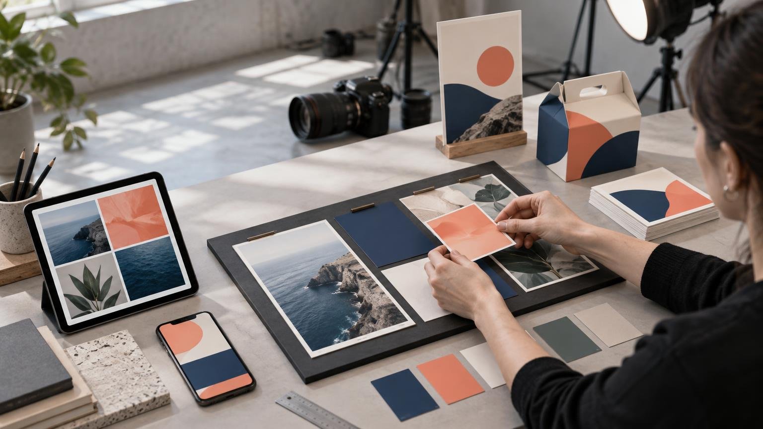Designer assembling coordinated print, packaging, tablet, and phone mockups with coral and navy geometric graphics in a sunlit studio, with a camera and lighting equipment nearby.