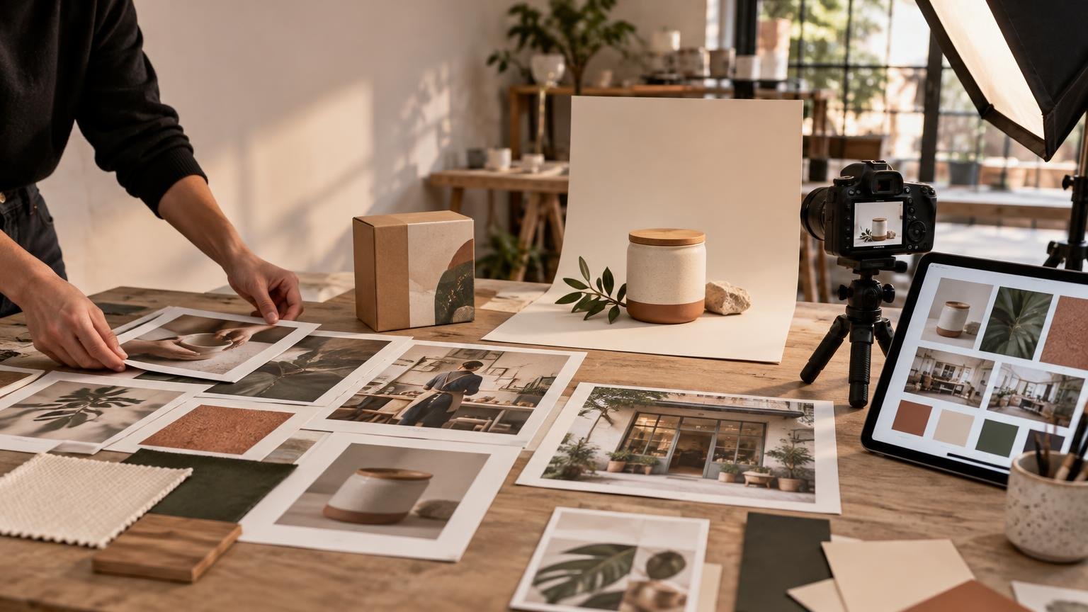 Warmly lit studio table arranged for a product photo shoot, with a ceramic jar, patterned cardboard box, camera on tripod, softbox light, tablet showing image thumbnails and color swatches, printed reference photos, and fabric samples.