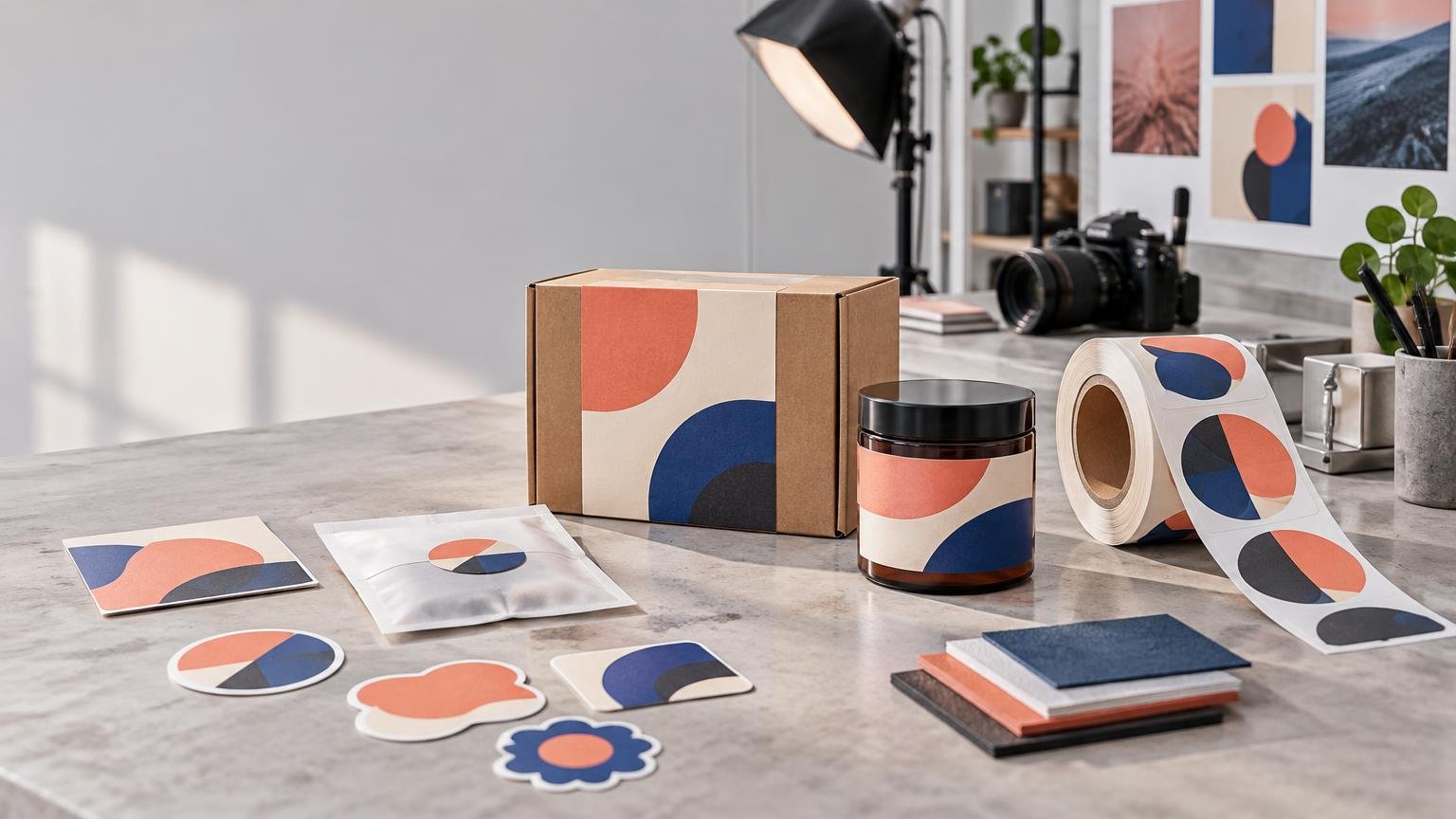 Studio tabletop display comparing coordinated printed labels and die-cut stickers, with a labeled cardboard box, jar, mailer pouch, sticker roll, sample decals, camera, and softbox lighting.