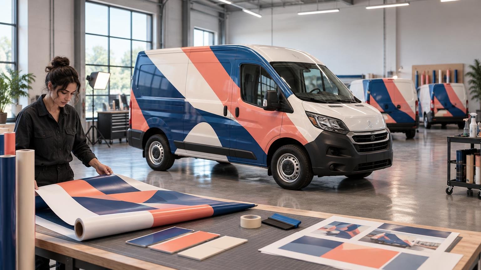 Designer preparing a large geometric vinyl wrap on a worktable in a bright workshop, with three coordinated white vans covered in navy, coral, and cream graphics behind her.