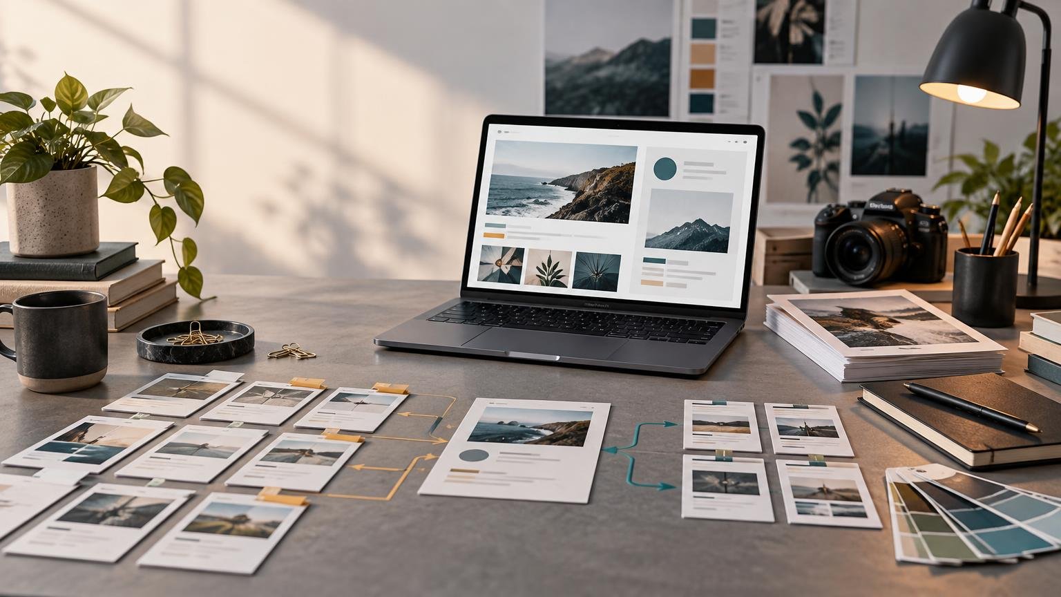Editorial workspace with a laptop displaying a visual layout, printed page mockups connected by drawn arrows, a camera, photography prints, color swatches, notebooks, and desk accessories.