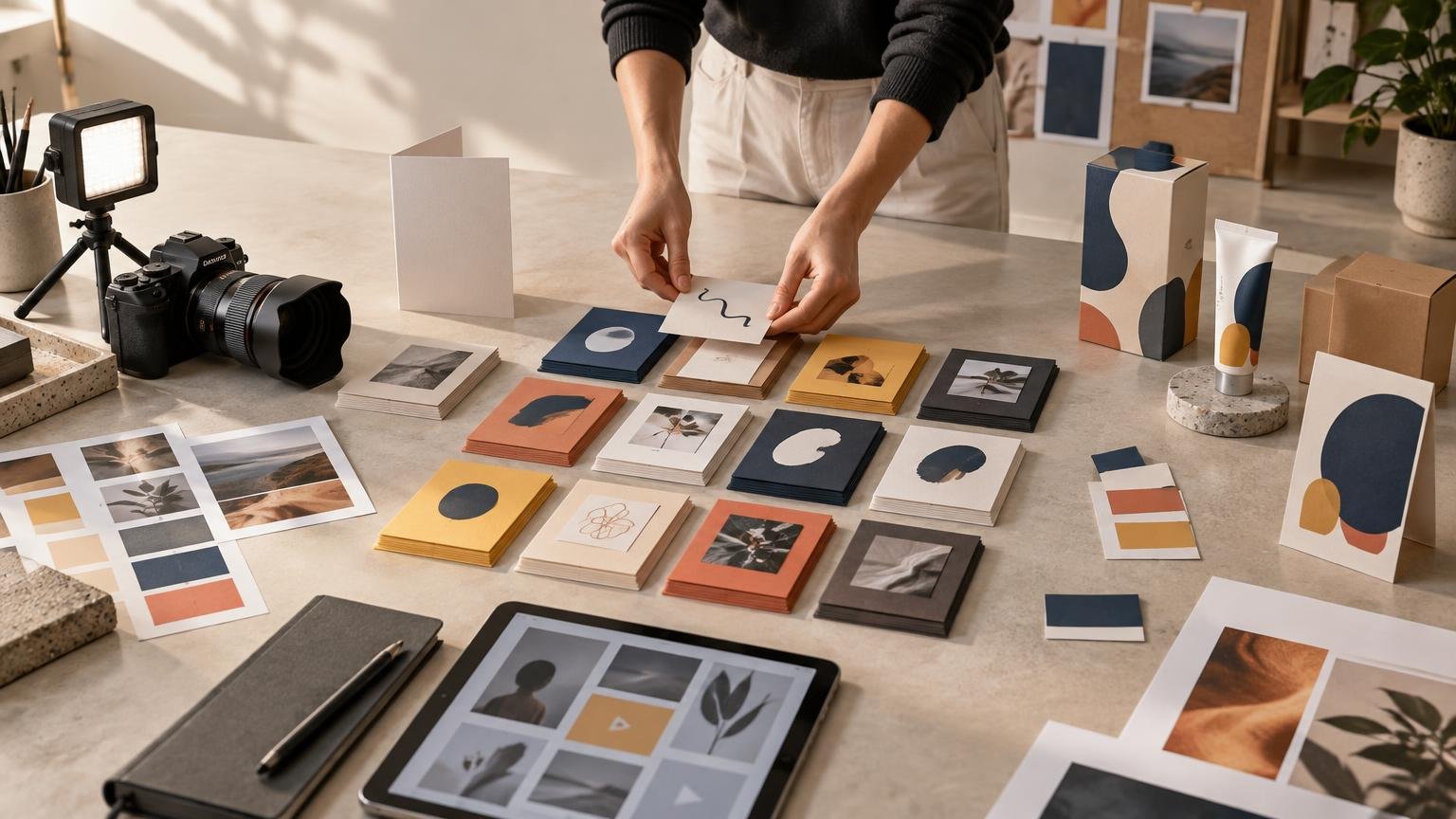 Overhead view of a creative studio table with a camera, LED light, stacks of printed cards and photo samples, abstract packaging mockups, color swatches, and a person arranging a small printed card.