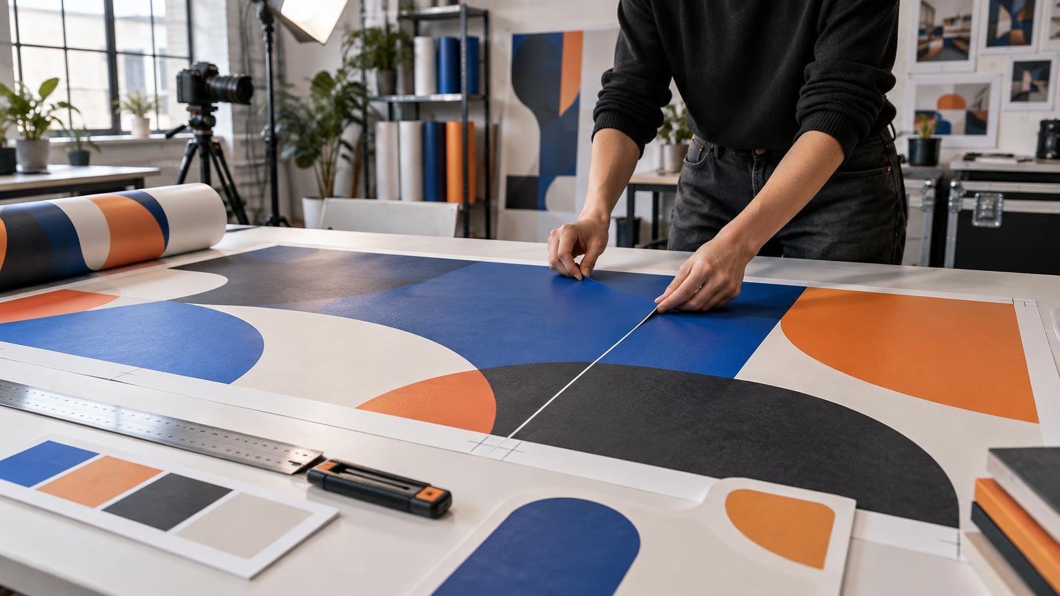 Designer aligning a large abstract blue, orange, black, and cream print sheet on a studio worktable, with a metal ruler, utility knife, color swatches, rolled media, camera, lighting, and design samples in the background.
