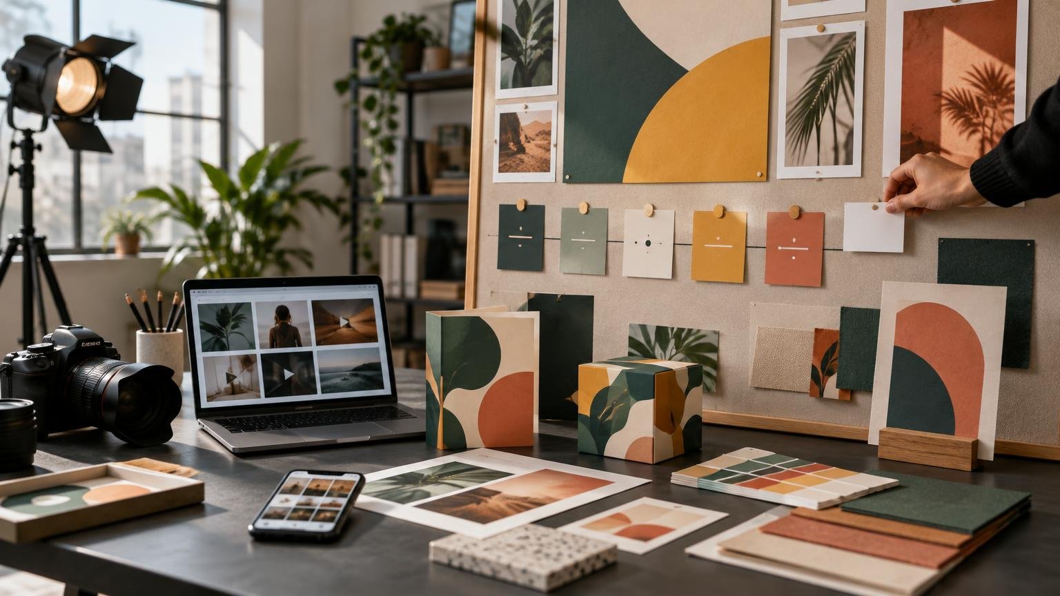 Creative studio workspace with a camera, lit studio lamp, laptop and phone showing image grids, packaging mockups, color swatches, printed samples, and a hand arranging cards on a large mood board.