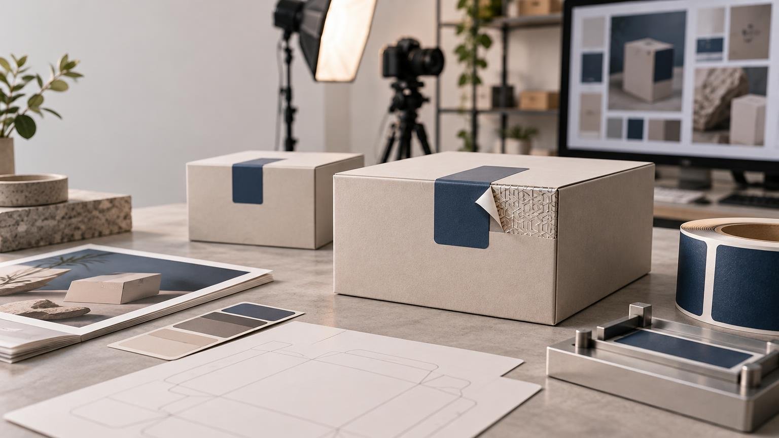 Studio tabletop with two plain cardboard boxes, blue sealing labels, a partially peeled patterned tamper-evident strip, label roll, packaging mockups, camera, lighting, and a design monitor in the background.