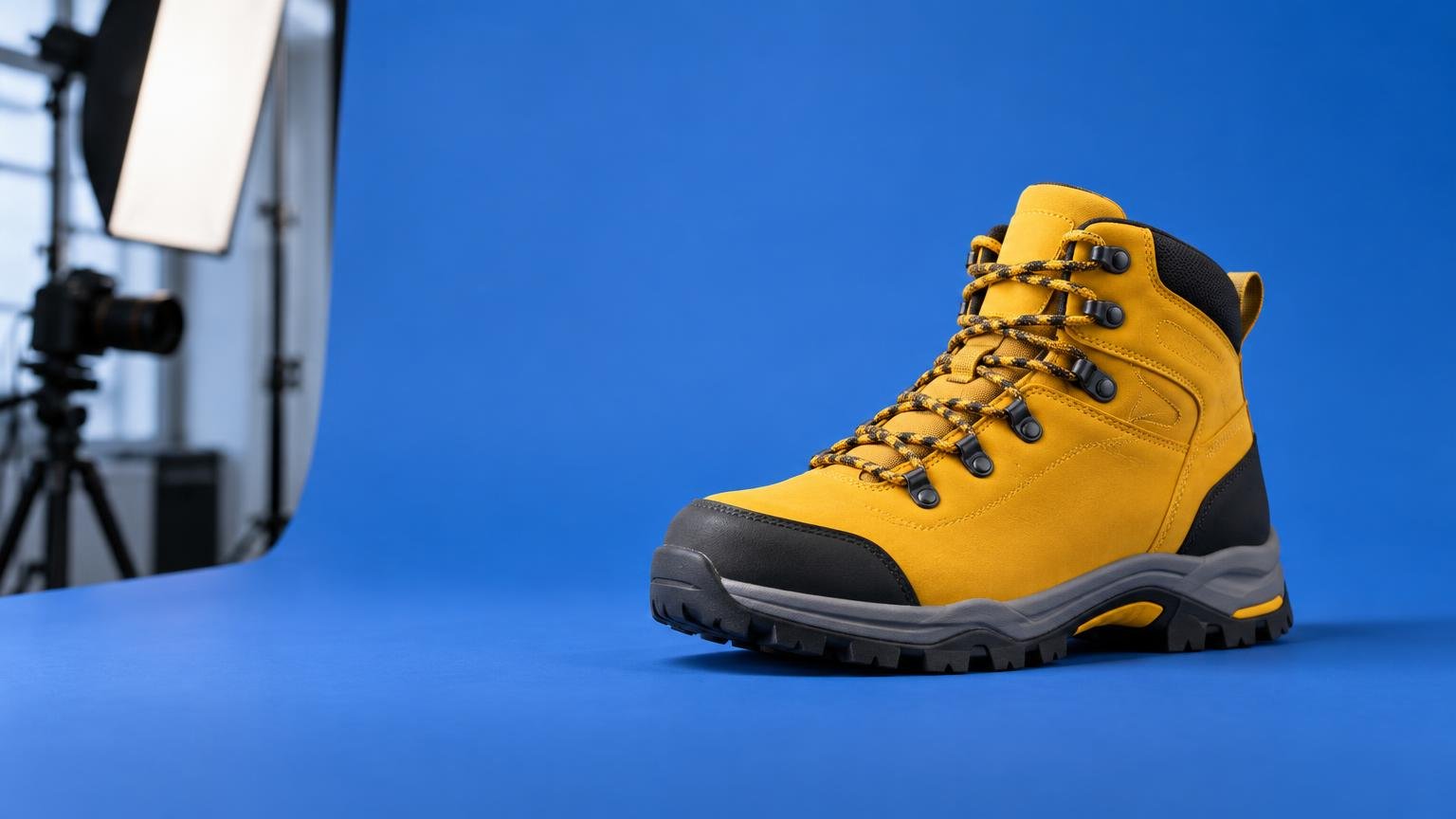 Yellow and black hiking boot photographed on a bright blue seamless backdrop, with a camera and softbox visible in the studio at left.