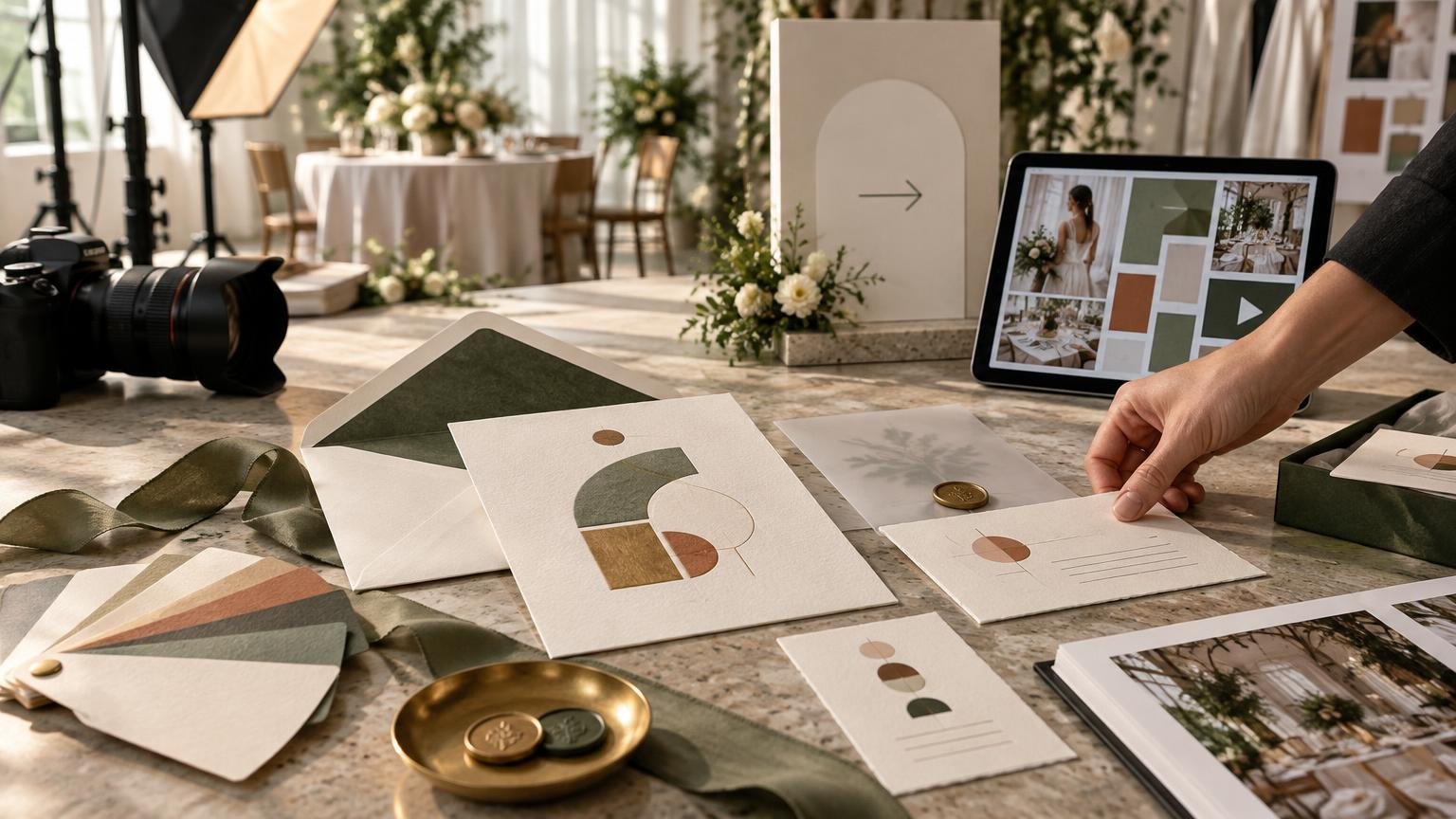 Wedding invitation suite with envelopes, geometric printed cards, ribbon, wax seals, color swatches, a camera, studio lighting, and a tablet displaying wedding imagery on a workshop table.