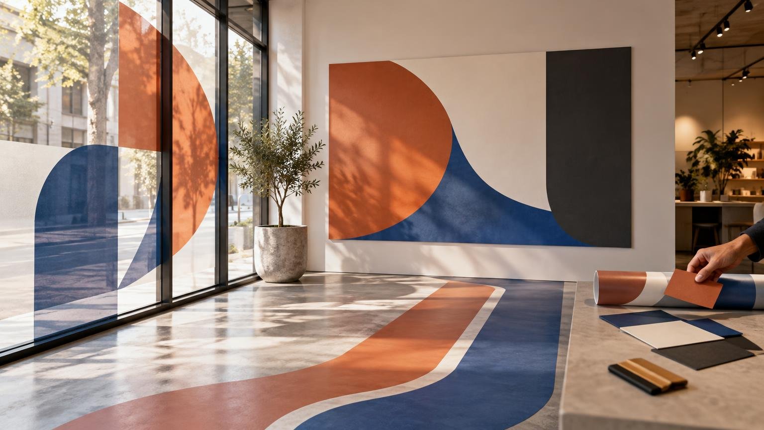 Modern storefront interior with coordinated abstract orange, navy, black, and white graphics applied to a window, wall panel, and floor, alongside rolled material and color swatches on a worktable.